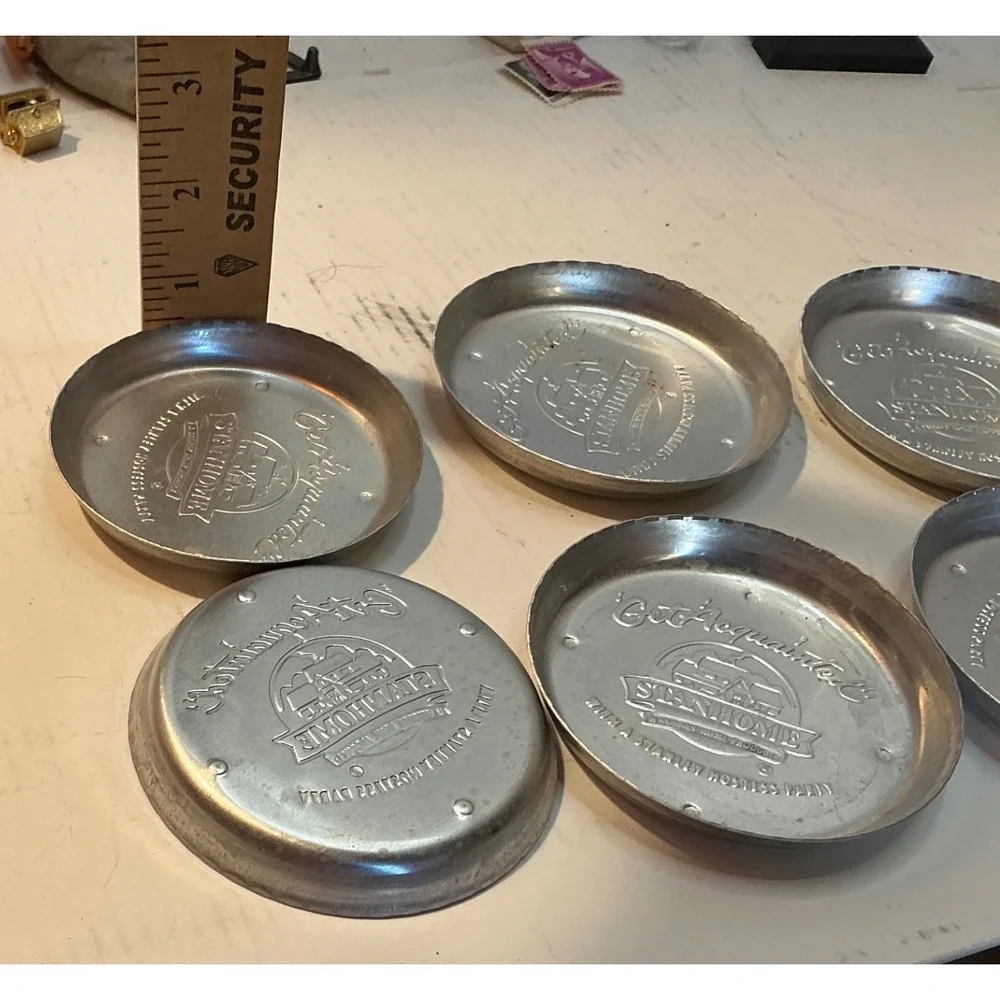 Stanhome Vintage Aluminum Coasters Get Acquainted Stanley Hostess Party Set of 8